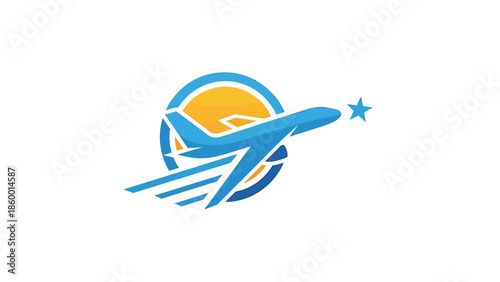 Blue airplane soaring through the sky with a star and sun logo design.