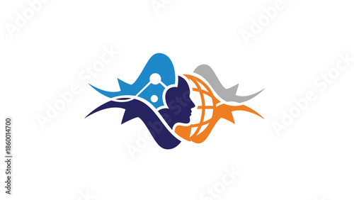 Creative logo design featuring a human face, globe, and network connections.