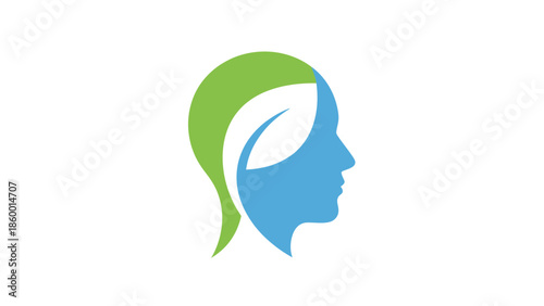 Creative mind concept with a green leaf and blue head profile.