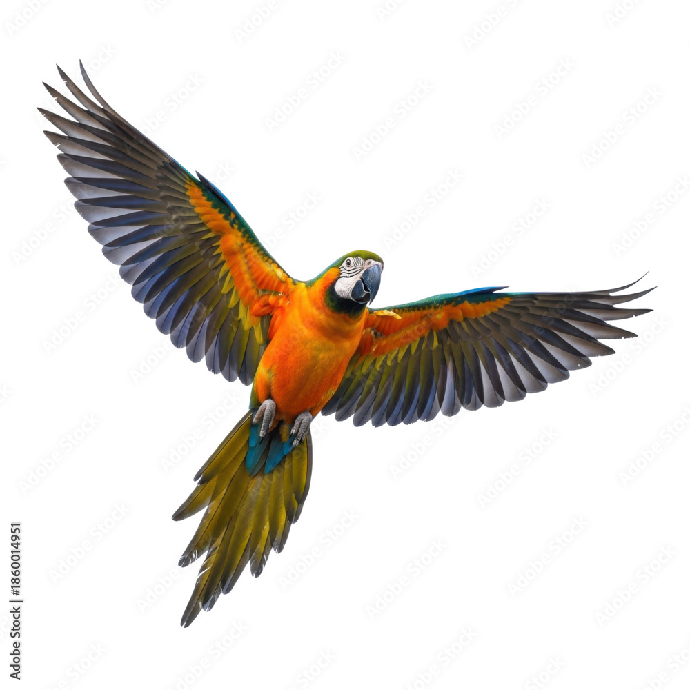 Fototapeta premium Vibrant macaw in flight isolated on transparent background