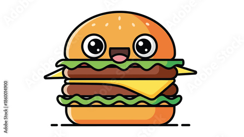 Cheerful cartoon burger with eyes and a happy expression, delicious fast food.