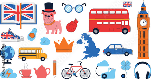 London United Kingdom travel vector set with Big Ben double decker bus bulldog crown Union Jack flag and tea isolated on white.