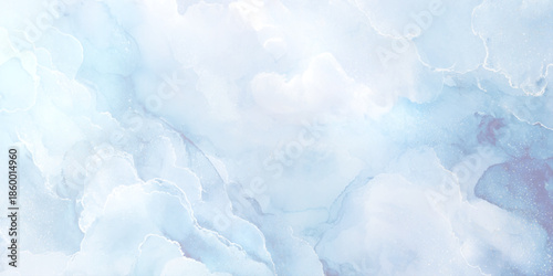 An abstract watercolor painting featuring swirling blues whites and hints of purple creating a dreamy ethereal effect