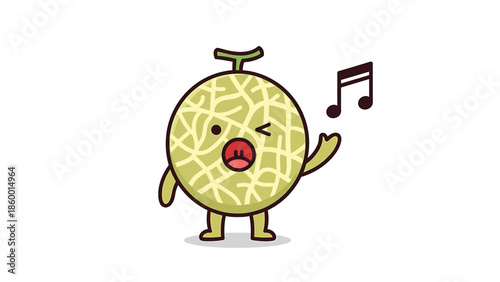 Cartoon melon character singing a song with musical note, happy expression.