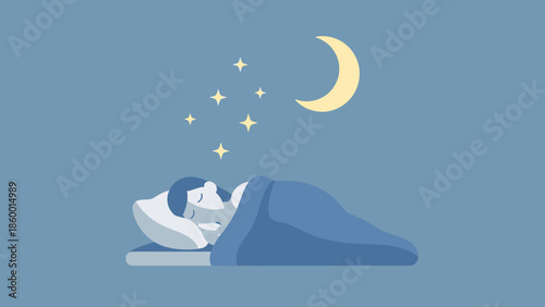 A person sleeping peacefully under the night sky with stars and moon