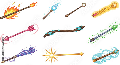Magic wand vector set with fantasy wizard staffs glowing fire ice energy crystals and golden stardust sparkles isolated on a white background.