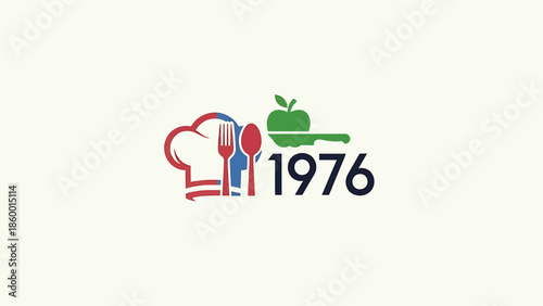 Culinary Excellence - A Vibrant Logo Featuring Chefs Hat, Utensils, Apple, and the Year 1976.