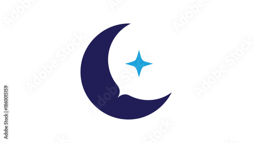Dark blue crescent moon with a bright blue star, simple and elegant design.