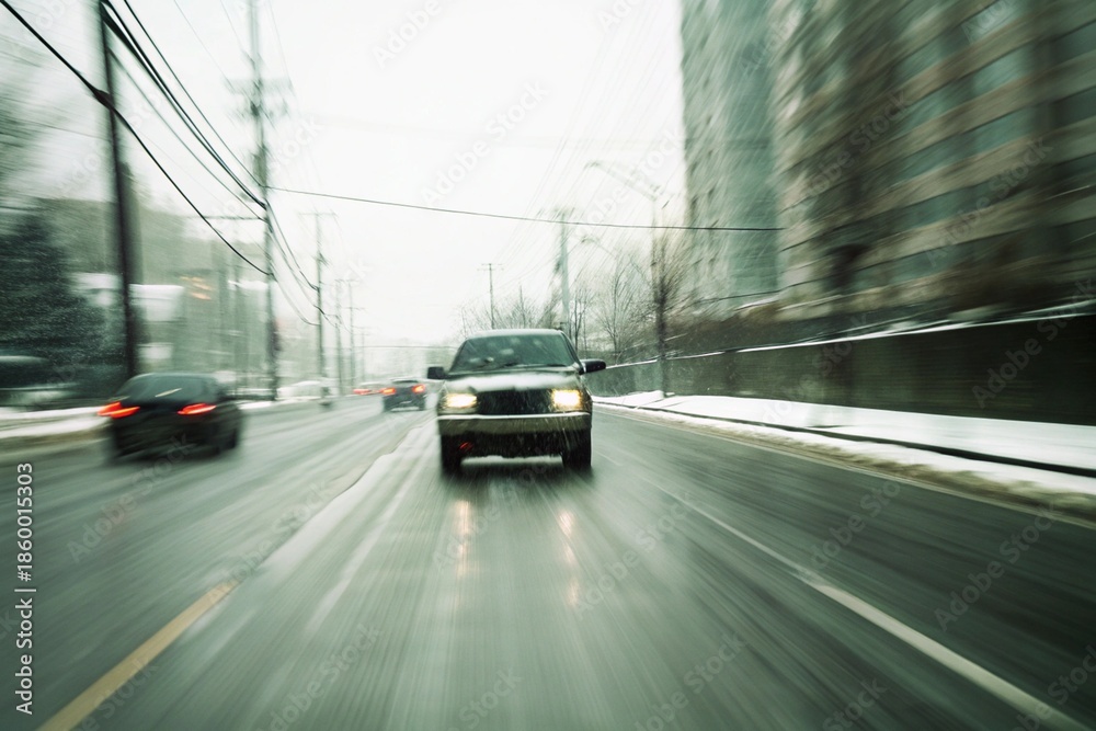 Fototapeta premium Frozen Canadian street with icy houses, huge icicles and snow-covered cars in winter sunlight. g.