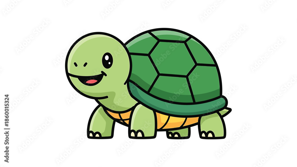 Obraz premium Cute cartoon turtle smiling with a green shell and happy expression, isolated.