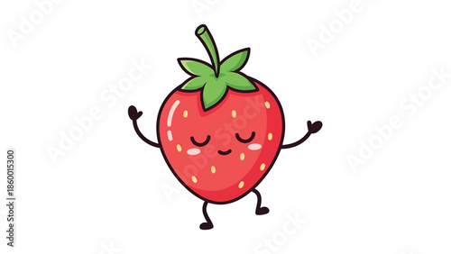 Cute cartoon strawberry character with arms and legs dancing happily on white background.