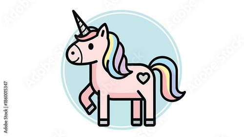 Charming cartoon unicorn illustration with a heart on its side, standing proudly.