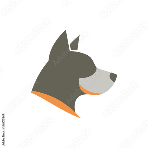 Dog head profile illustration with gray and orange colors on white background.
