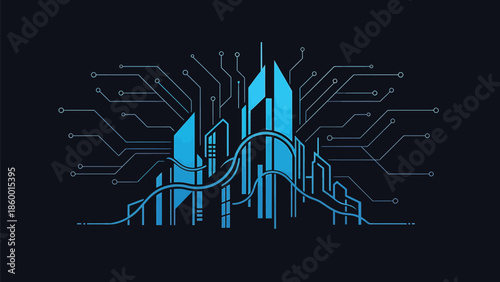 Digital city skyline with circuit board connections representing technology and innovation.