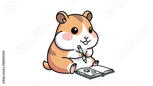 Cute hamster drawing in a notebook with a pencil, focused on creativity.
