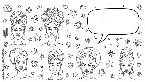 A collection of diverse Black women's portraits, each adorned with unique African-inspired headwraps and bold earrings, set against a backdrop of whimsical doodles and decorative elements.
