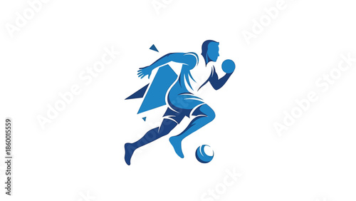 Dynamic soccer player in action, showcasing speed and agility with the ball, blue silhouette.