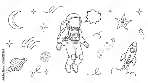 A whimsical hand-drawn illustration of an astronaut floating in space surrounded by celestial bodies and whimsical doodles.
