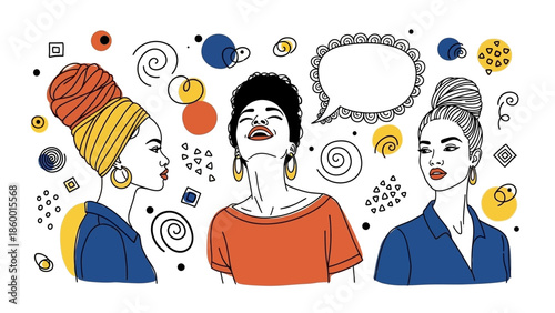 Three diverse women with colorful headwraps and earrings, engaged in conversation, surrounded by abstract shapes and doodles.
