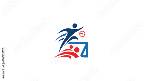 Dynamic soccer action logo featuring players, ball, and goal, representing sportsmanship and competition.