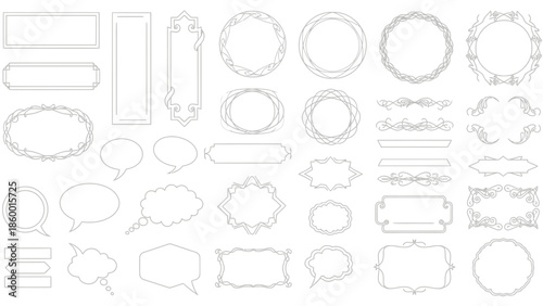 A collection of various decorative frames, borders, and speech bubbles in a clean, minimalist line art style.