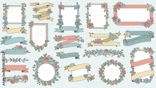A collection of decorative floral frames, borders, and banners with roses and leaves in pastel colors on a light blue background.