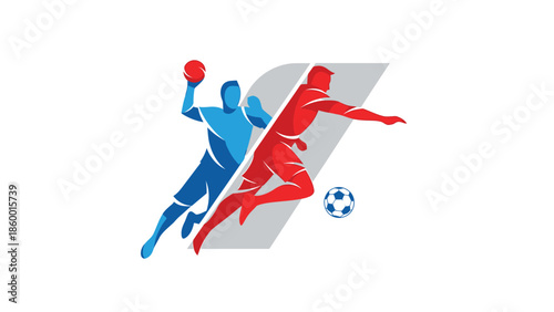 Dynamic sports action illustration featuring handball and soccer players in vibrant colors.