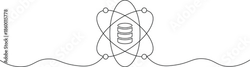 A simple line drawing of an atom with a spool of thread at its center