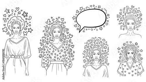 Collection of diverse women's portraits with decorative elements like stars and hearts, suitable for coloring pages.