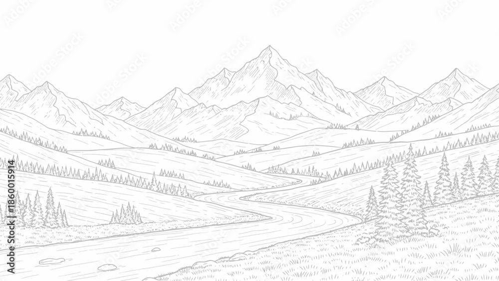 Fototapeta premium Detailed Hand-Drawn Mountain Landscape with Winding River and Trees.