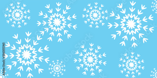 Christmas banner of complex big and small snowflakes in white colors on light blue background. With horizontal repetition