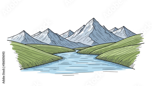 Hand-drawn illustration of majestic mountains river and green hills.