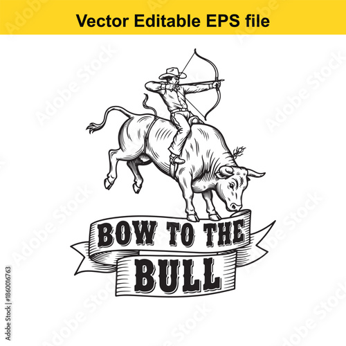  cowboy riding bull with bow and arrow vector artwork isolated on white background