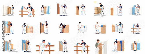 Collection of illustrations showing workers painting wooden picket fences blue and white using brushes and rollers, representing home renovation and maintenance.