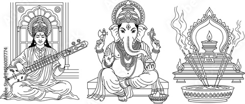 Hand drawn black and white line art of Goddess Saraswati with Veena, Lord Ganesha, and sacred Diya with incense sticks, cad drawing flat vector illustration