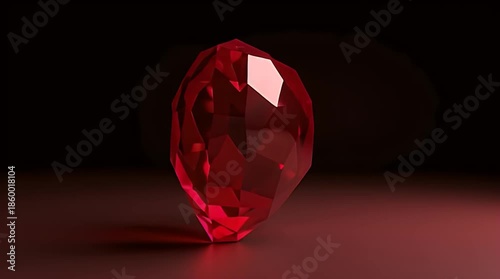 Luxury abstract 3D object of a faceted ruby crystal heart with sharp geometric cuts, premium gemstone material, studio lighting, clean dark background, ultra-realistic CGI, no text