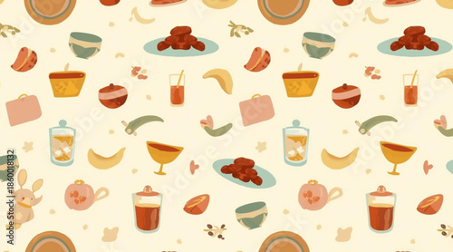 Ramadan Iftar Food Seamless Flat Pattern Background