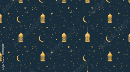 Ramadan Night Objects Seamless Flat Vector Pattern