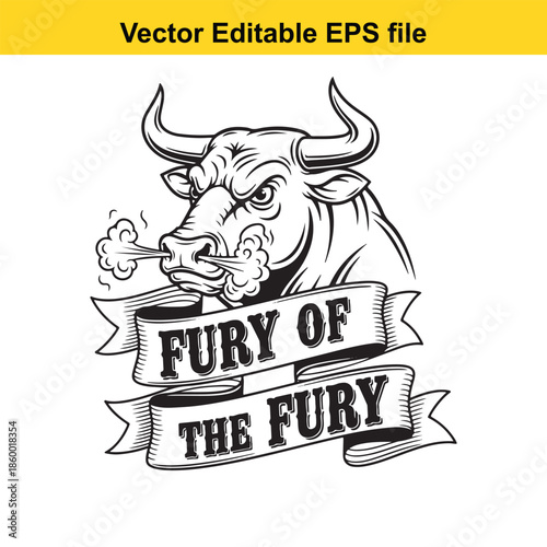  a black and white vector illustration of a bulls head with a cigarette in its mouth and a banner below it isolated on white background