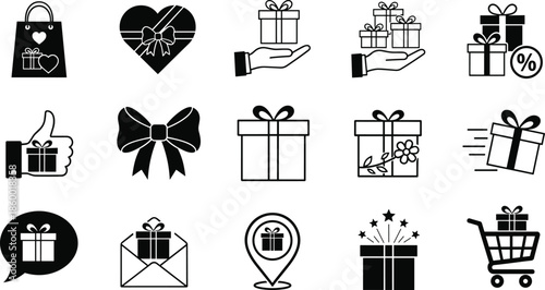 Gift and celebration icon set, shopping and delivery vector, black and white symbols, CAD streetwear flat illustration
