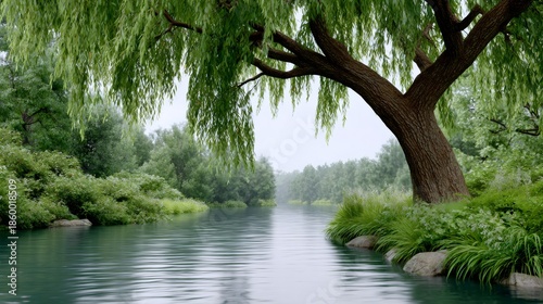 Slika na platnu Weeping willow tree by tranquil river establishing serenity