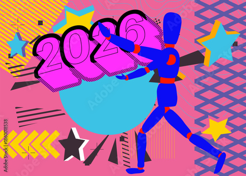 Wooden puppet holding 2026 geometrical graphic retro theme background. Minimal geometric elements. Vintage abstract shapes vector illustration.