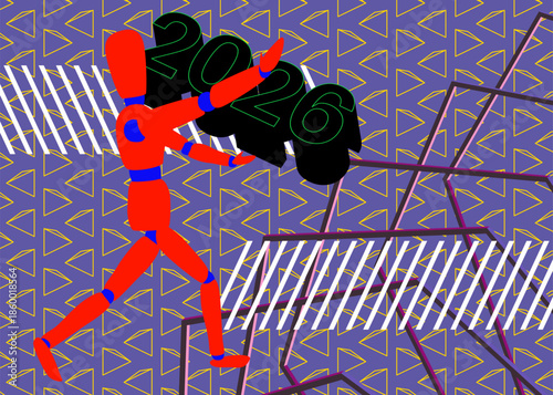 Wooden puppet holding 2026 geometrical graphic retro theme background. Minimal geometric elements. Vintage abstract shapes vector illustration.