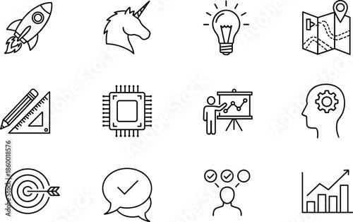 Innovation and startup icon set, strategy and tech vector, black and white symbols, CAD streetwear flat vector illustration