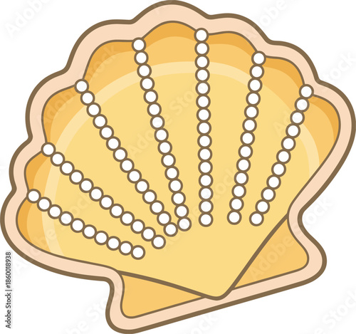 Cartoon Scallop Shell with Pearl Necklace Illustration on White Background seashell pearls