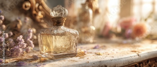 A vintage perfume bottle surrounded by dried flowers on a rustic surface.
