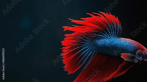 Close up of elegant red and blue Betta fish with flowing fins swimming against a dark background