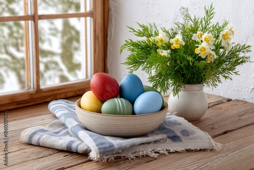 Colorful Easter eggs in a bowl on rustic wooden table