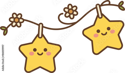 Garland of Cute Yellow Stars and Flowers on White Background Keywords: stars, garland, banner