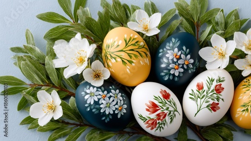 Hand painted Easter eggs with floral patterns and spring greenery
